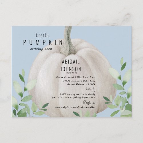 Little Pumpkin Foliage Blue Baby Shower Announcement Postcard