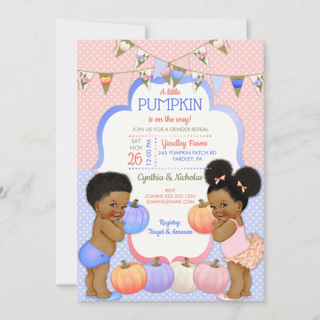 Little Pumpkin Gender Reveal Dark Tone Puffs Invitation (Front)