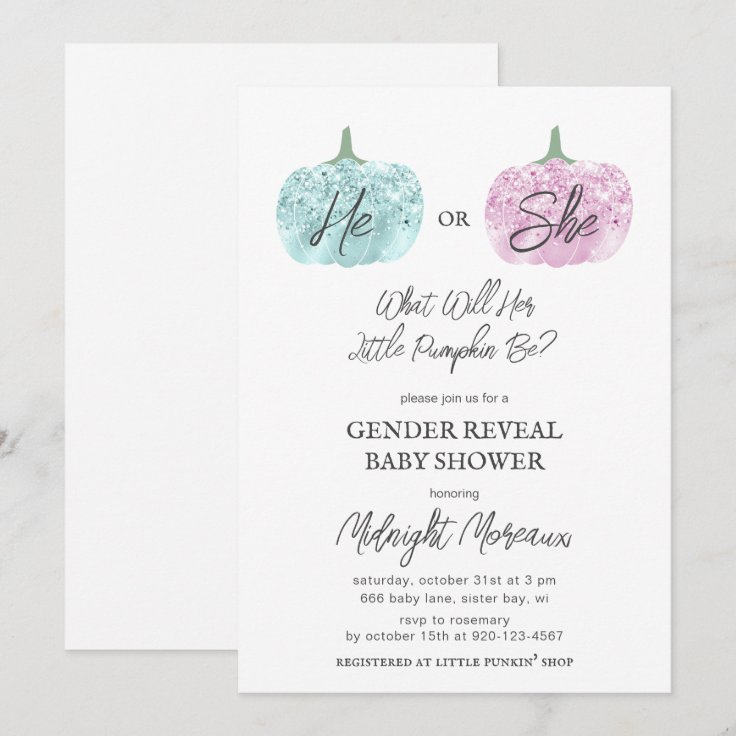Little Pumpkin Gender Reveal Halloween Baby Shower Invitation Zazzle