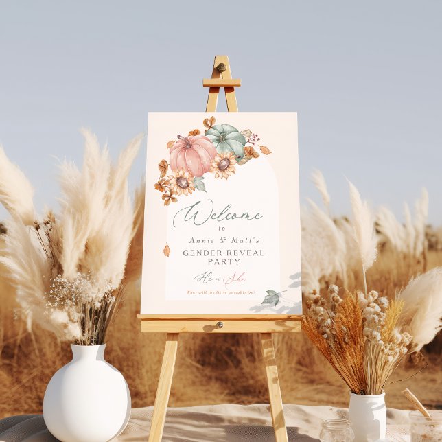 Little Pumpkin Gender Reveal Welcome sign (Little pumpkin fall gender reveal Welcome sign shown outdoors with pampas grass accents)