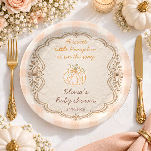 Little Pumpkin Gingham Baby Shower Paper Plates