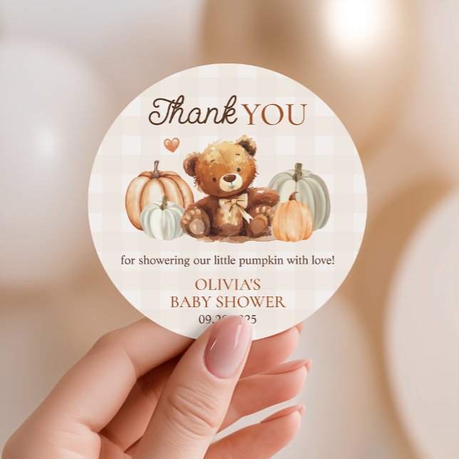 Little Pumpkin Gingham Teddy Bear Fall Baby Shower Classic Round Sticker (Creator Uploaded)