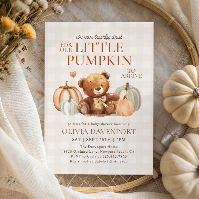 Little Pumpkin Gingham Teddy Bear Fall Baby Shower Invitation (Creator Uploaded)