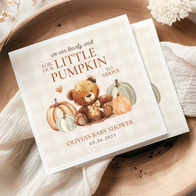 Little Pumpkin Gingham Teddy Bear Fall Baby Shower Napkins (Creator Uploaded)
