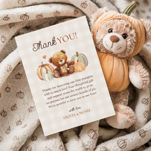 Little Pumpkin Gingham Teddy Bear Fall Baby Shower Thank You Card