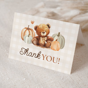 Little Pumpkin Gingham Teddy Bear Fall Baby Shower Thank You Card