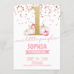 Little Pumpkin Girl 1st Birthday Gold Glitter Pink Invitation