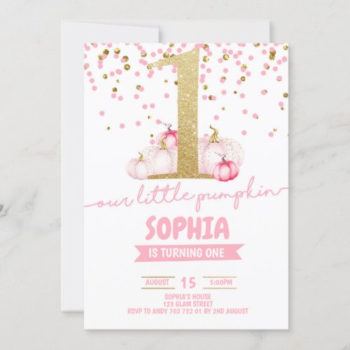 Little Pumpkin Girl 1st Birthday Gold Glitter Pink Invitation