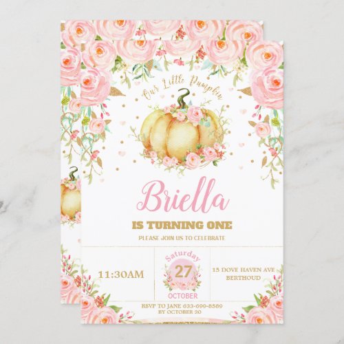 Little Pumpkin Girl 1st Birthday Pink Floral Blush Invitation