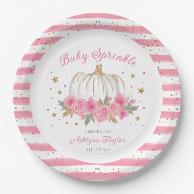 Little Pumpkin Girl Baby Sprinkle Paper Plates (Front)