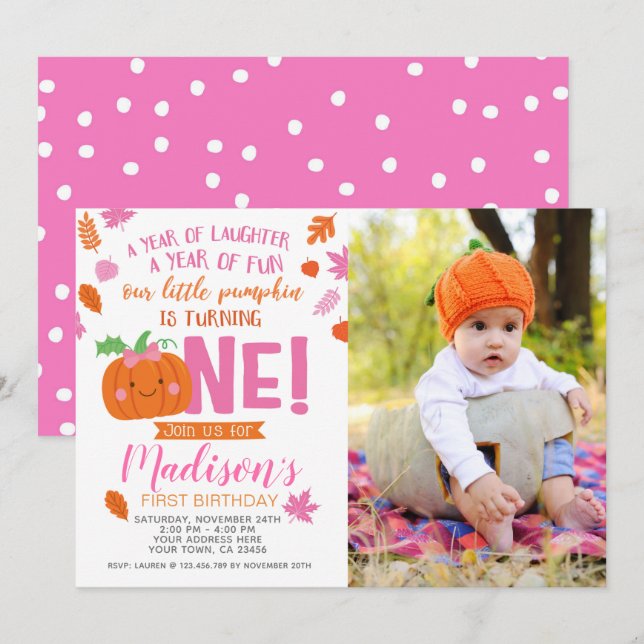 Little Pumpkin Girl Birthday Invitation with photo (Front/Back)