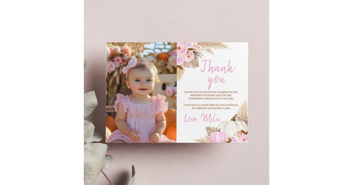 Little Pumpkin Girl Birthday Photo Thank You Card | Zazzle
