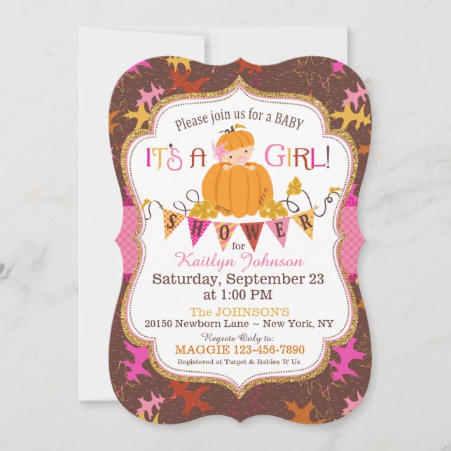 Little Pumpkin Girl Fall Leaves Baby Shower Invitation (Front)
