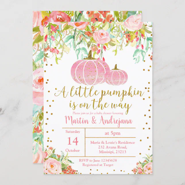 Little Pumpkin Girl Floral Baby Shower Invitation | Zazzle