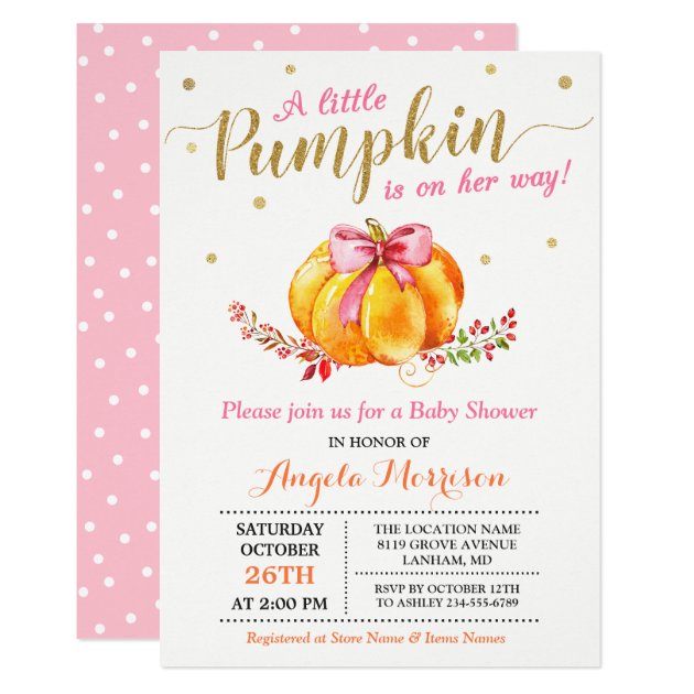 Little Pumpkin Girl Gold Pink Fall Baby Shower Card (front side)