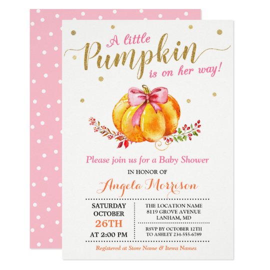 Little Pumpkin Girl Gold Pink Fall Baby Shower Invitation Zazzle Com