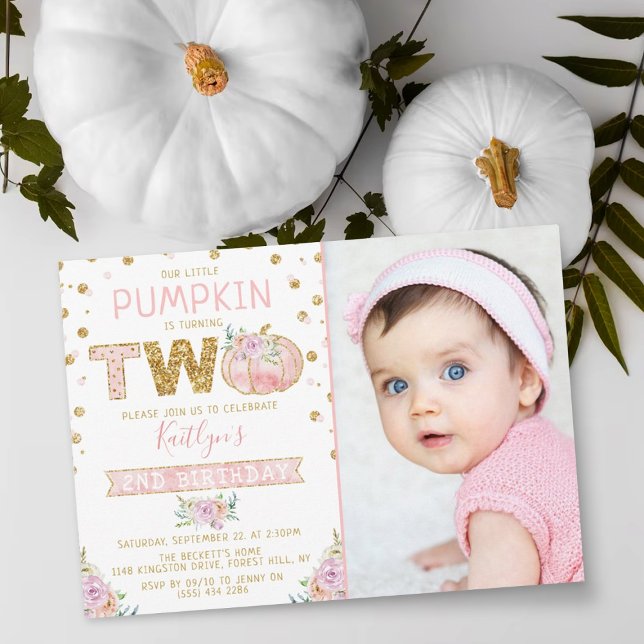 Little Pumpkin Girls 2nd Birthday Photo Invitation (Creator Uploaded)