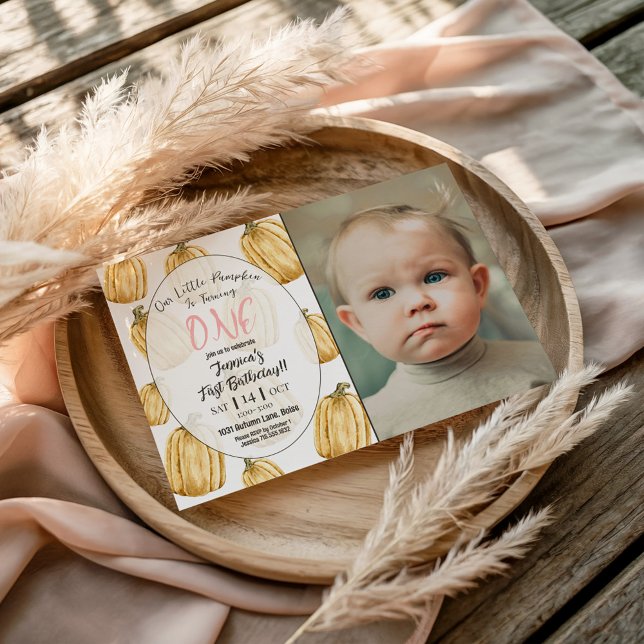 Little Pumpkin Girls Pink Fall Birthday Photo Invitation (Creator Uploaded)