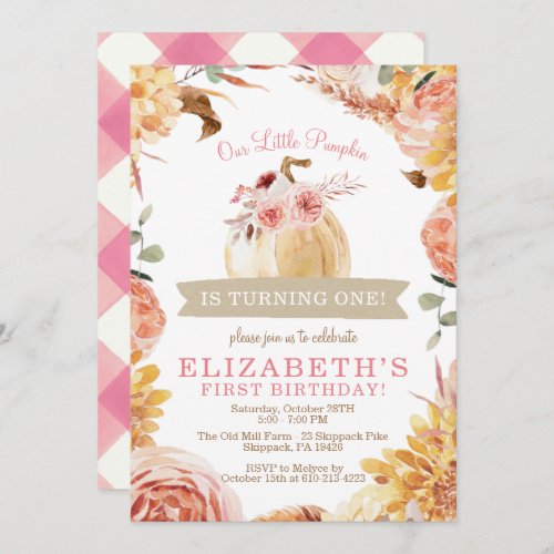 Little PUMPKIN Girls Pink Floral Birthday Party Invitation