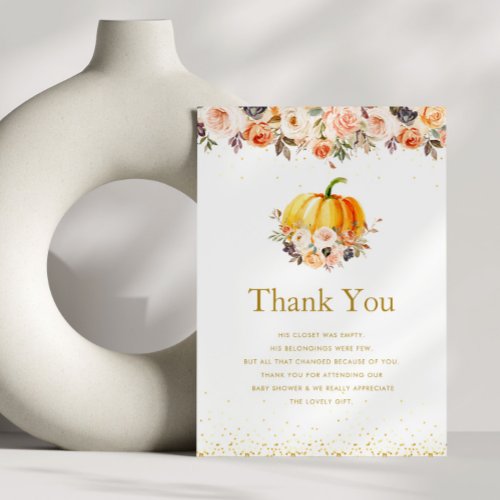 little pumpkin gold and blush baby shower  thank you card