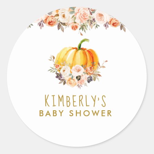 Little pumpkin gold and blush floral baby shower classic round sticker