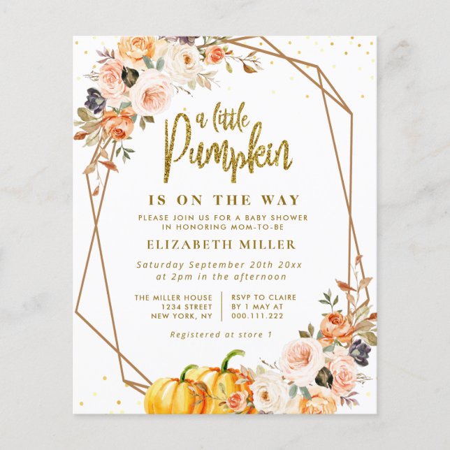 little pumpkin gold blush floral baby shower invit (Front)