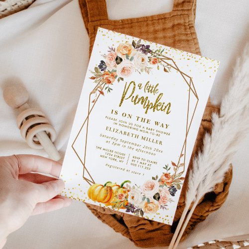 little pumpkin gold blush floral baby shower invitation