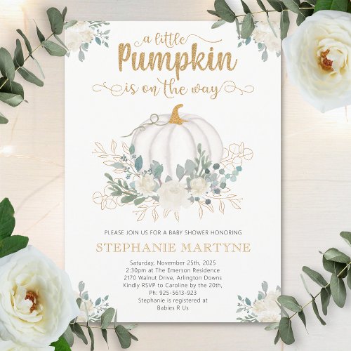 Little Pumpkin Gold Glitter Eucalyptus Baby Shower Invitation