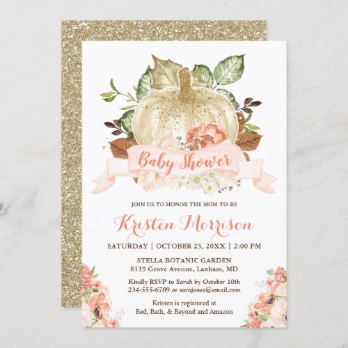 Little Pumpkin Gold Glitters Fall Baby Shower Invitation