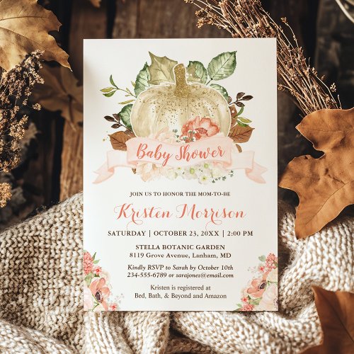 Little Pumpkin Gold Glitters Fall Baby Shower Invitation