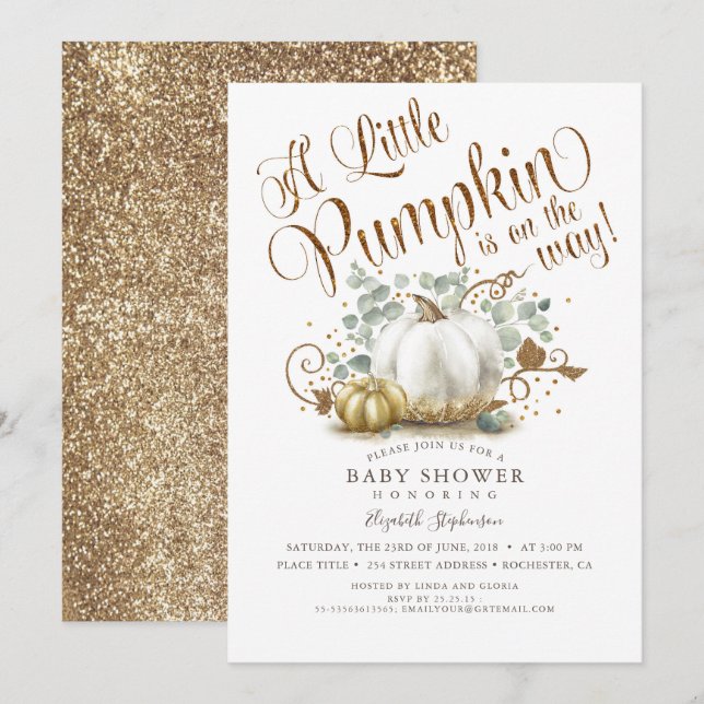 Little Pumpkin Gold Glitters Fall Baby Shower Invitation (Front/Back)