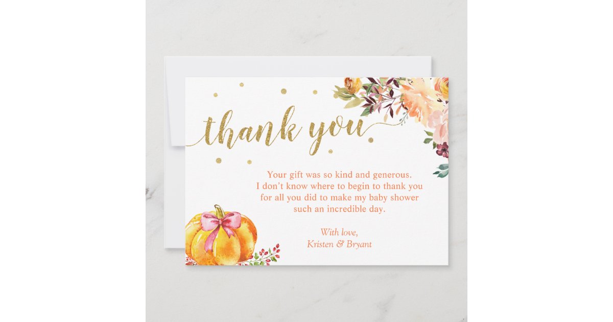 Little Pumpkin Gold Glitters Fall Girl Baby Shower Thank You Card | Zazzle