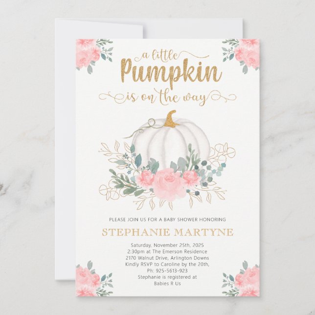 Little Pumpkin Gold Pink Floral Baby Shower Invitation (Front)