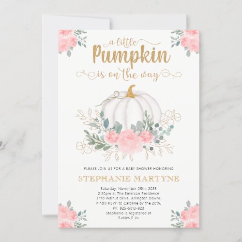 Little Pumpkin Gold Pink Floral Baby Shower Invitation