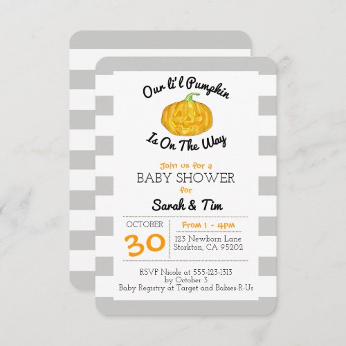 Little Pumpkin Gray and Orange Small Baby Shower Invitation