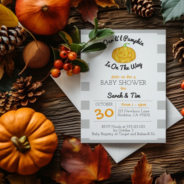 Little Pumpkin Gray and Orange Small Baby Shower Invitation (Creator Uploaded)