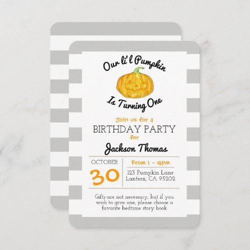 Little Pumpkin Gray Stripe Child Birthday Small Invitation