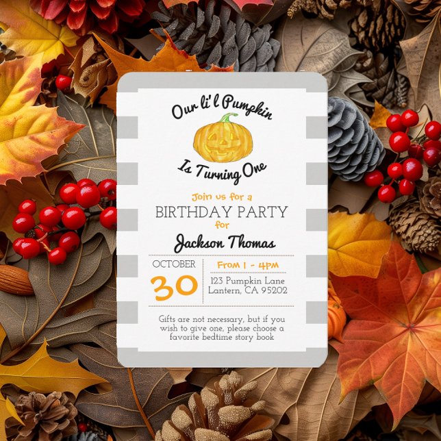 Little Pumpkin Gray Stripe Child Birthday Small Invitation (Creator Uploaded)