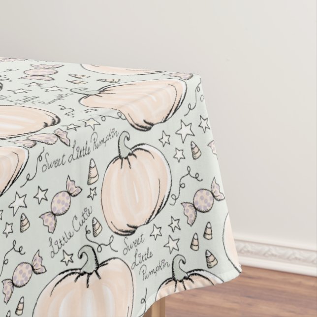 Little Pumpkin Green and Orange Baby Halloween Tablecloth (In Situ)