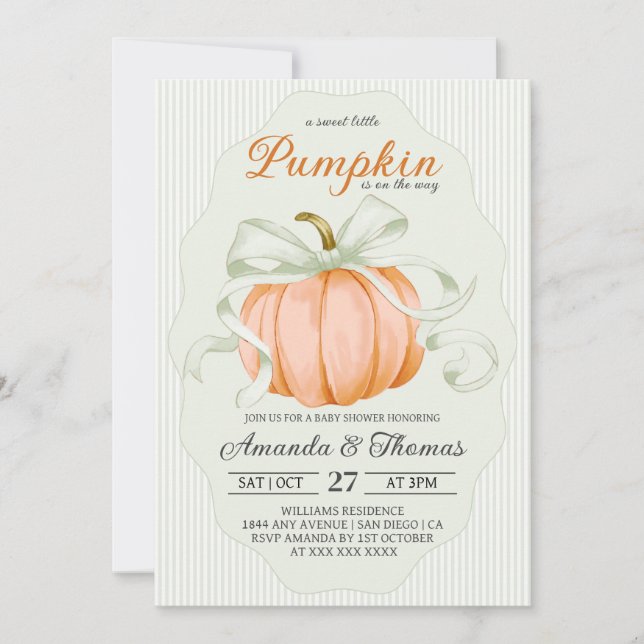 Little Pumpkin Green Bow Baby Shower Invitation (Front)