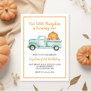 Little Pumpkin green truck and Plaid 1st birthday Invitation