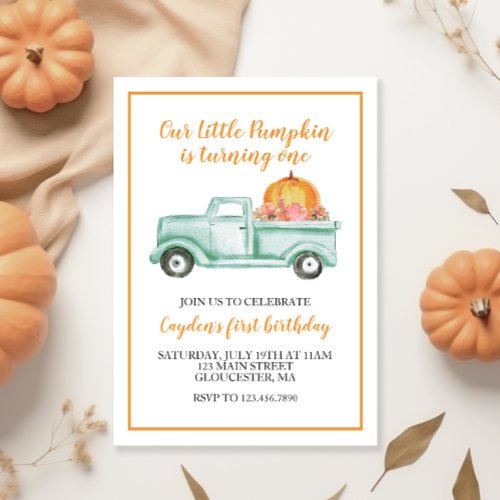 Little Pumpkin green truck and Plaid 1st birthday Invitation