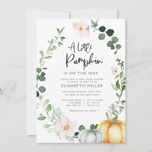 little pumpkin greenery blush floral baby shower invitation (Front)