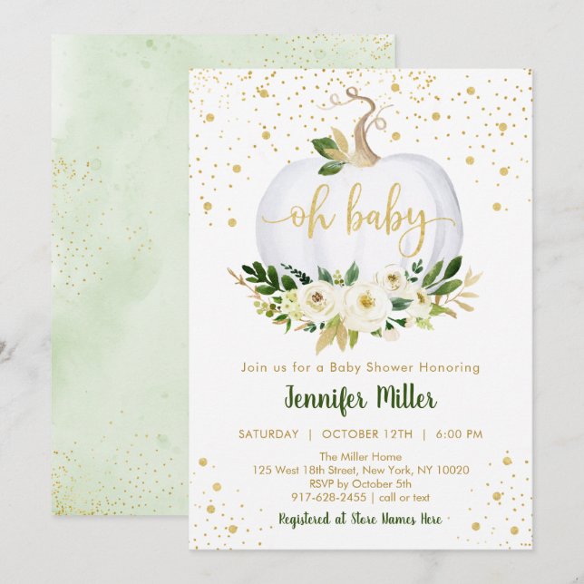 Little Pumpkin Greenery Gold Baby Shower Invitation (Front/Back)