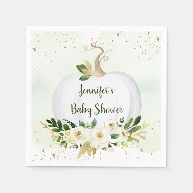 Little Pumpkin Greenery Gold Baby Shower Napkins (Front)