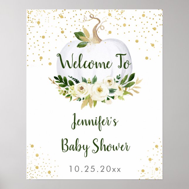 Little Pumpkin Greenery Gold Baby Shower Welcome Poster (Front)