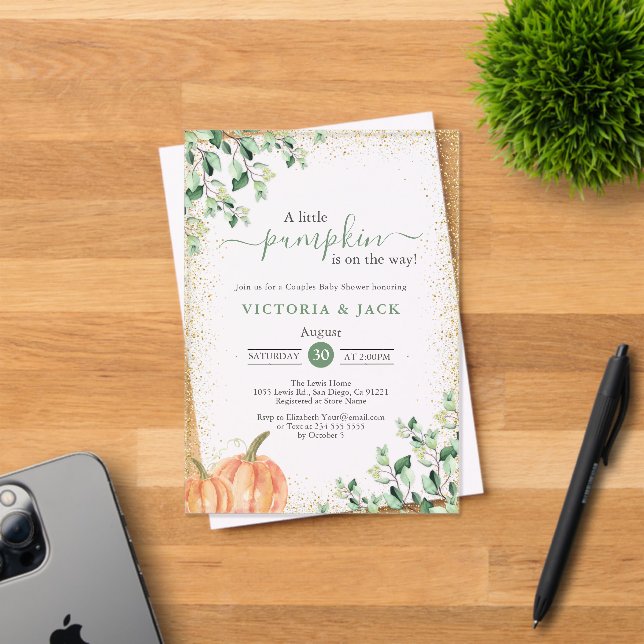 Little Pumpkin Greenery Gold Fall Baby Shower Acrylic Invitations (Insitu (Invitation Card))
