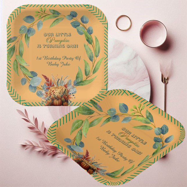 Little Pumpkin Greenery Wreath Fall Pumpkin Peach  Paper Plates (Little Pumpkin Greenery Wreath Fall Pumpkin Peach Paper Plates)