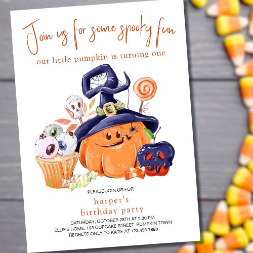 Little Pumpkin Halloween Party Food 1st Birthday Invitation