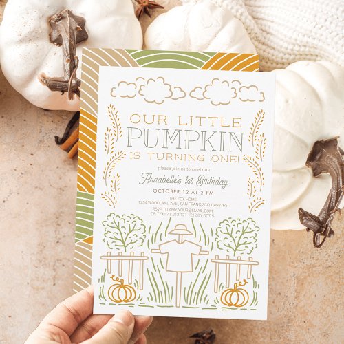 Little Pumpkin Harvest Scarecrow 1st Birthday Invitation